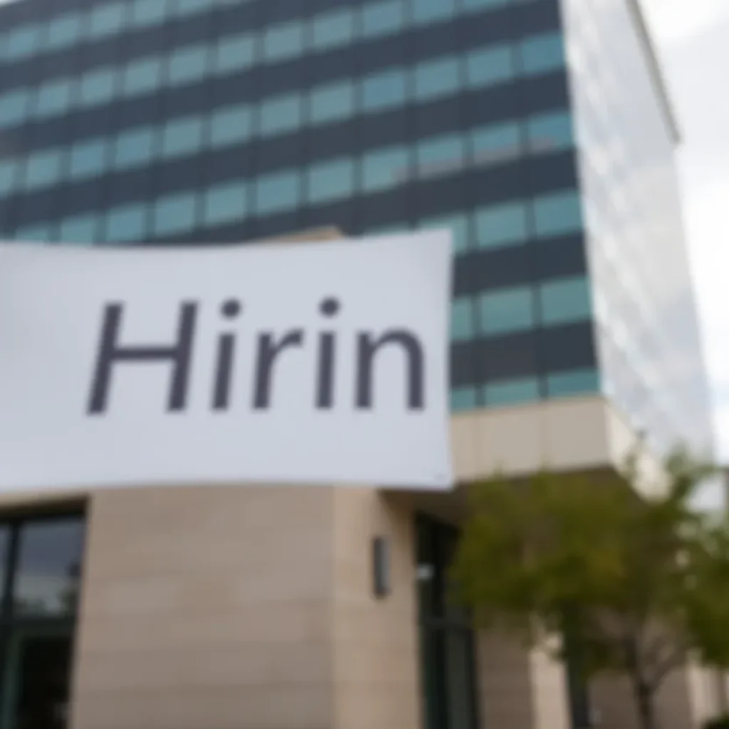 Office building in Kansas City with sign signaling layoffs