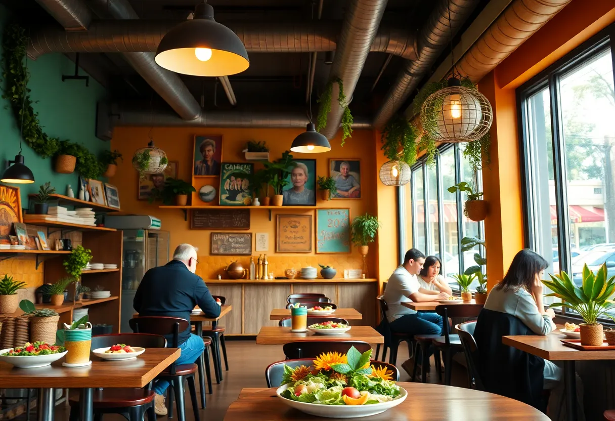 Interior of Cafe Gratitude with plant-based dishes and happy diners