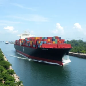 Cargo ship navigating through the Panama Canal