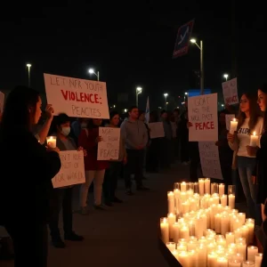 A community gathering with candles, advocating against youth violence