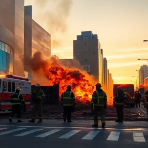 Emergency responders at the site of a gas main explosion in Grandview