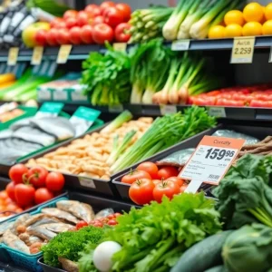Display of fresh food items at Guaranteed Foods with a discount sign