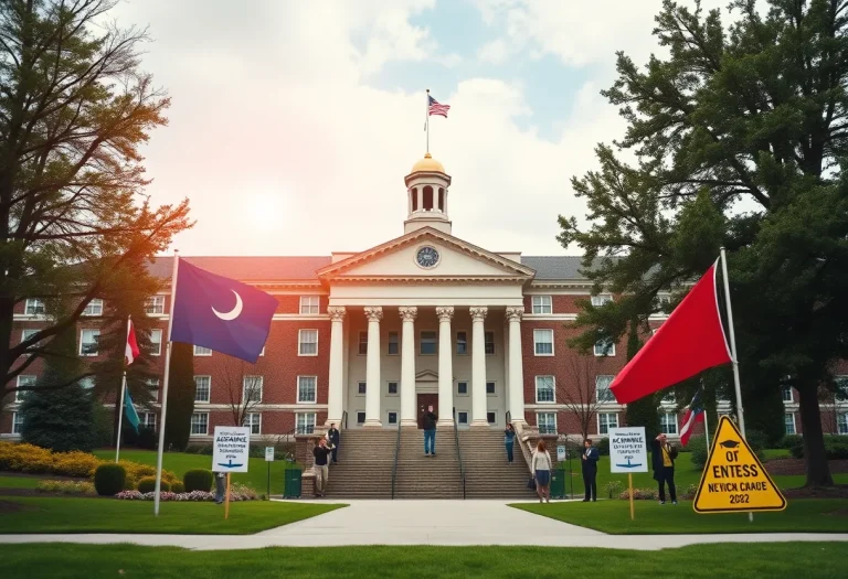 Illustration depicting the conflict between Harvard University and federal funding issues.