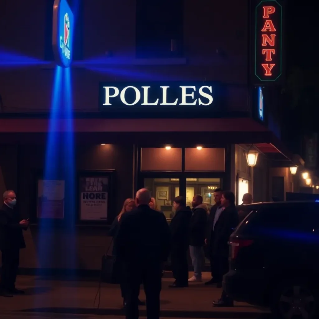 Somber scene outside a bar with police activity