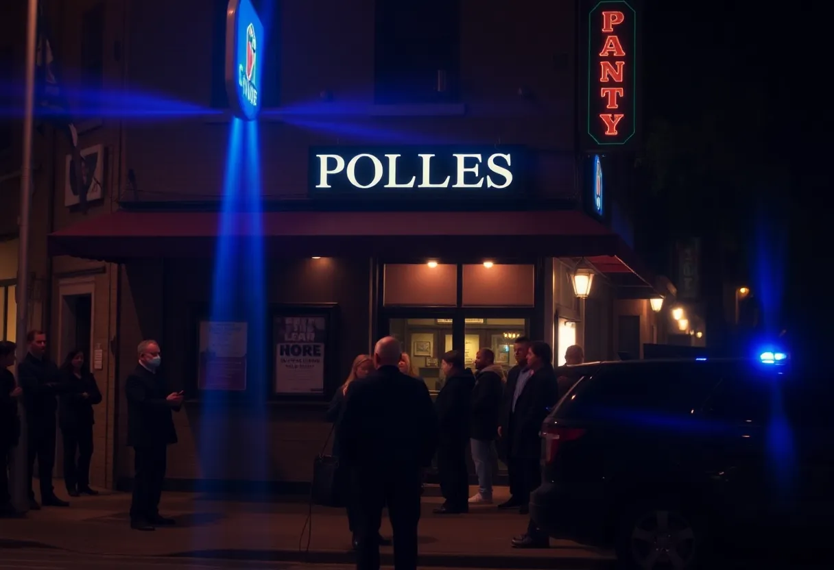 Somber scene outside a bar with police activity