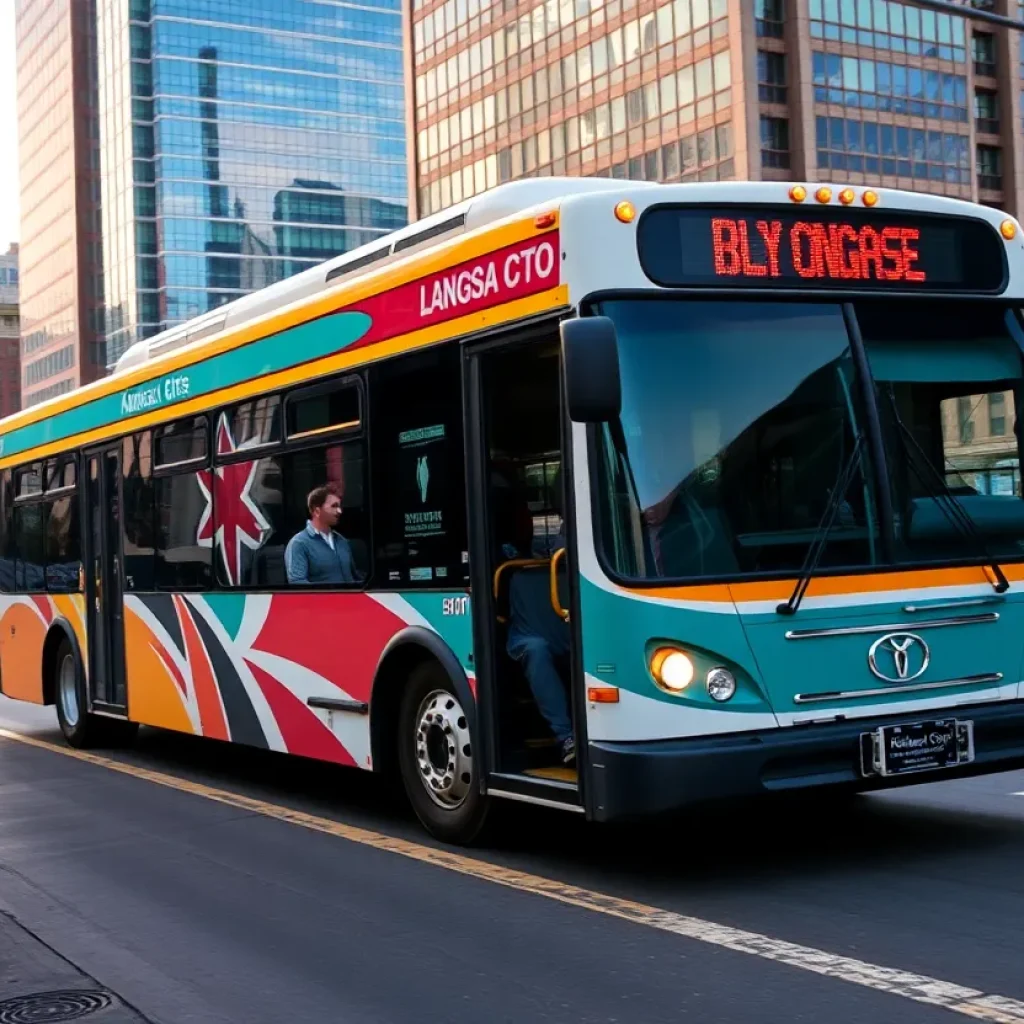 A bus traveling in Kansas City with a city skyline in the background