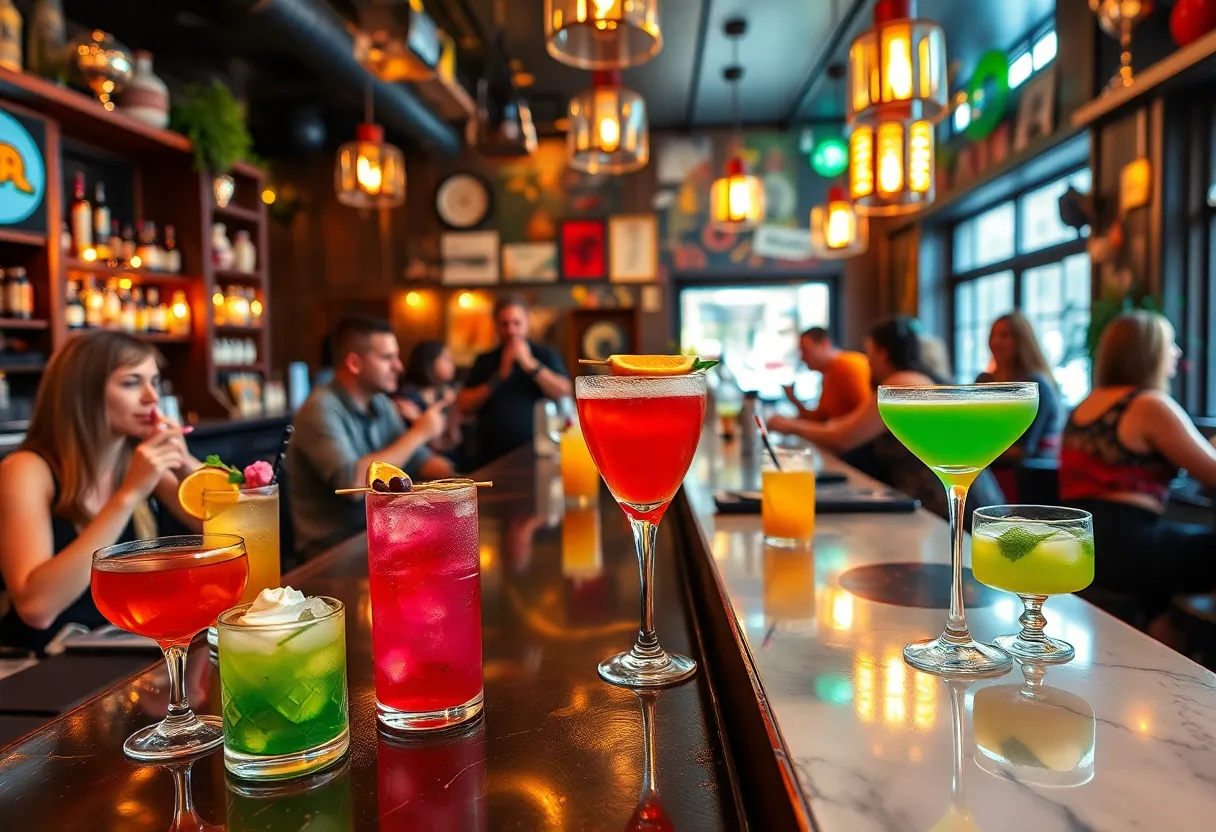 A lively cocktail scene in Kansas City with colorful drinks and patrons