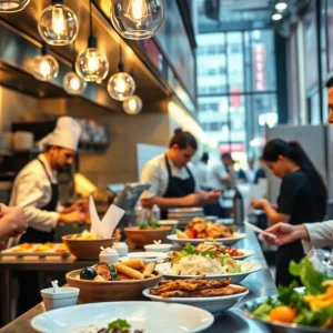 Chefs working in a busy Kansas City restaurant kitchen