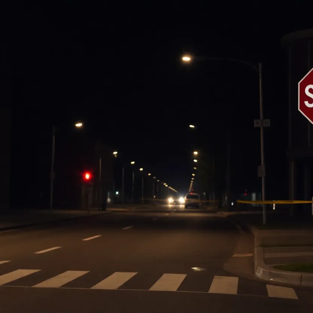 Scene of a dark city street after a cyclist hit-and-run incident.
