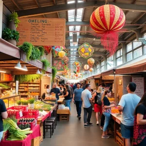 A lively food market in Kansas City with diverse food stalls and people enjoying community activities.