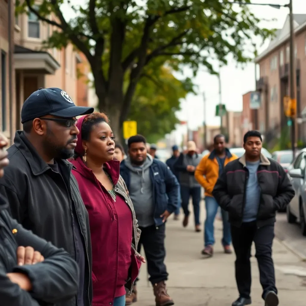 Residents of Kansas City discussing gun violence concerns on a neighborhood street.
