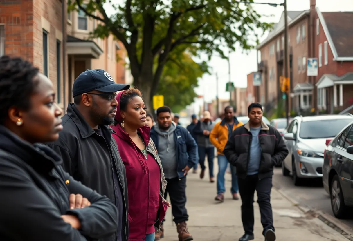 Residents of Kansas City discussing gun violence concerns on a neighborhood street.