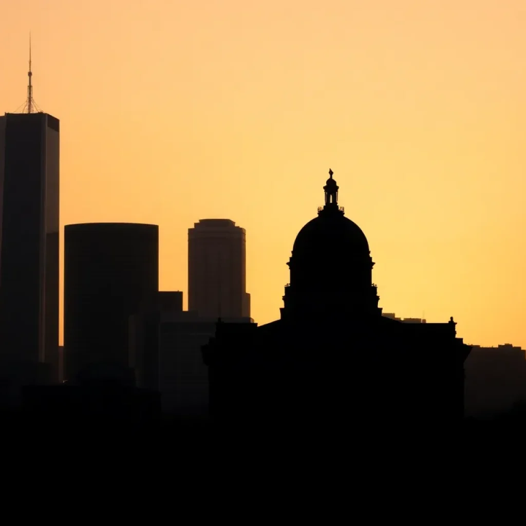 Silhouette of Kansas City skyline with a courthouse
