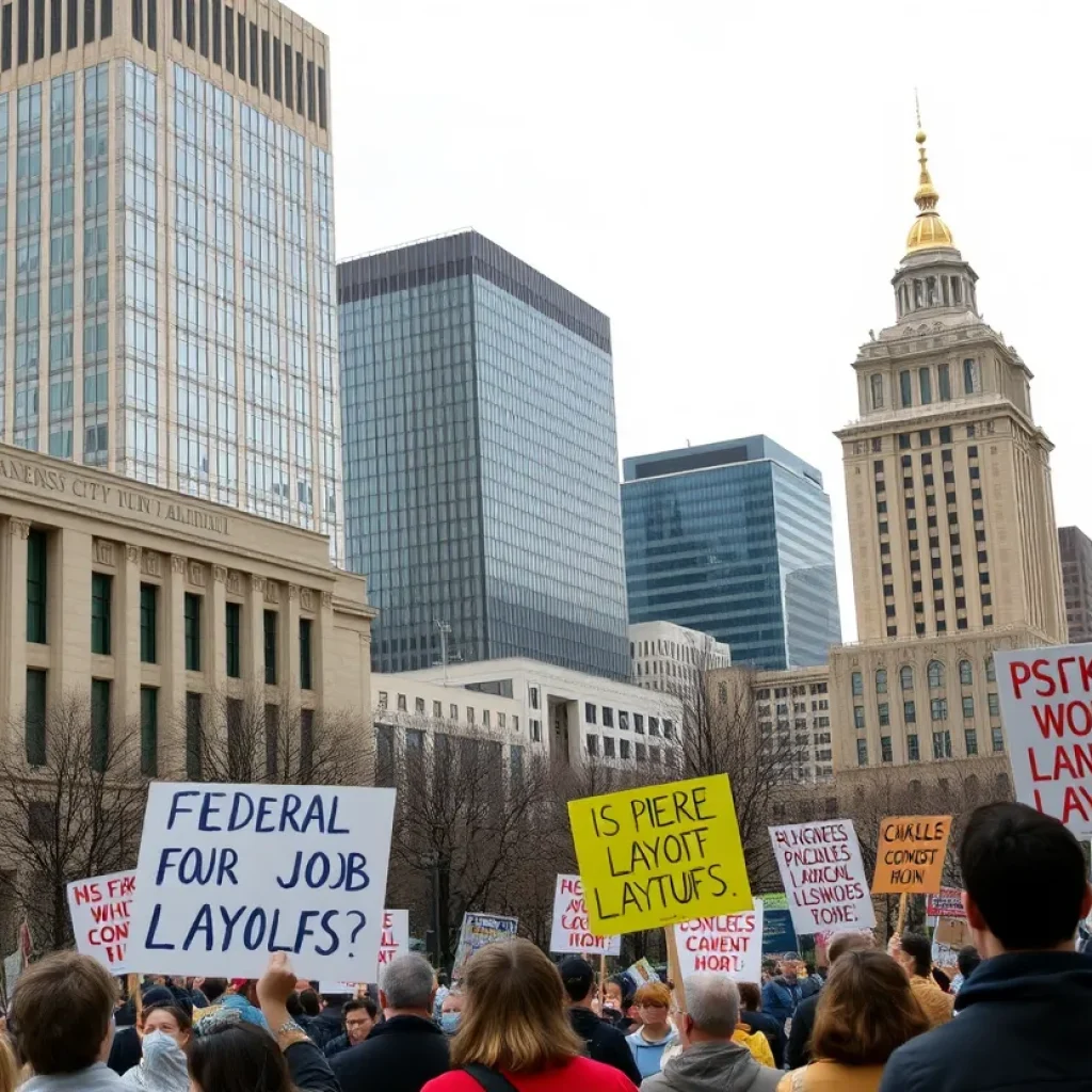 Concerned citizens protesting against job cuts in Kansas City.