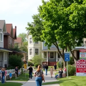 A picturesque neighborhood in Kansas City, showing homes and community life.