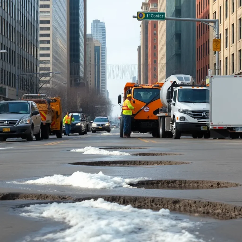 Pothole repair crews working on a Kansas City street in spring.