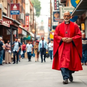 Preacher in red cape walking through Kansas City neighborhood