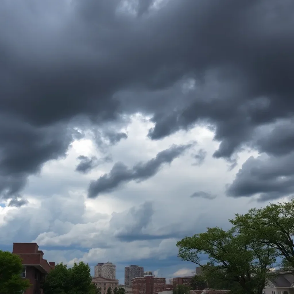 Stormy skies over Kansas City skyline, indicating potential severe weather.