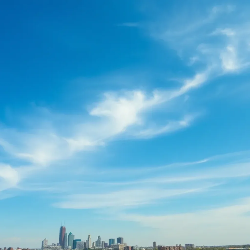 View of Kansas City skyline under a sky with clouds hinting at storms