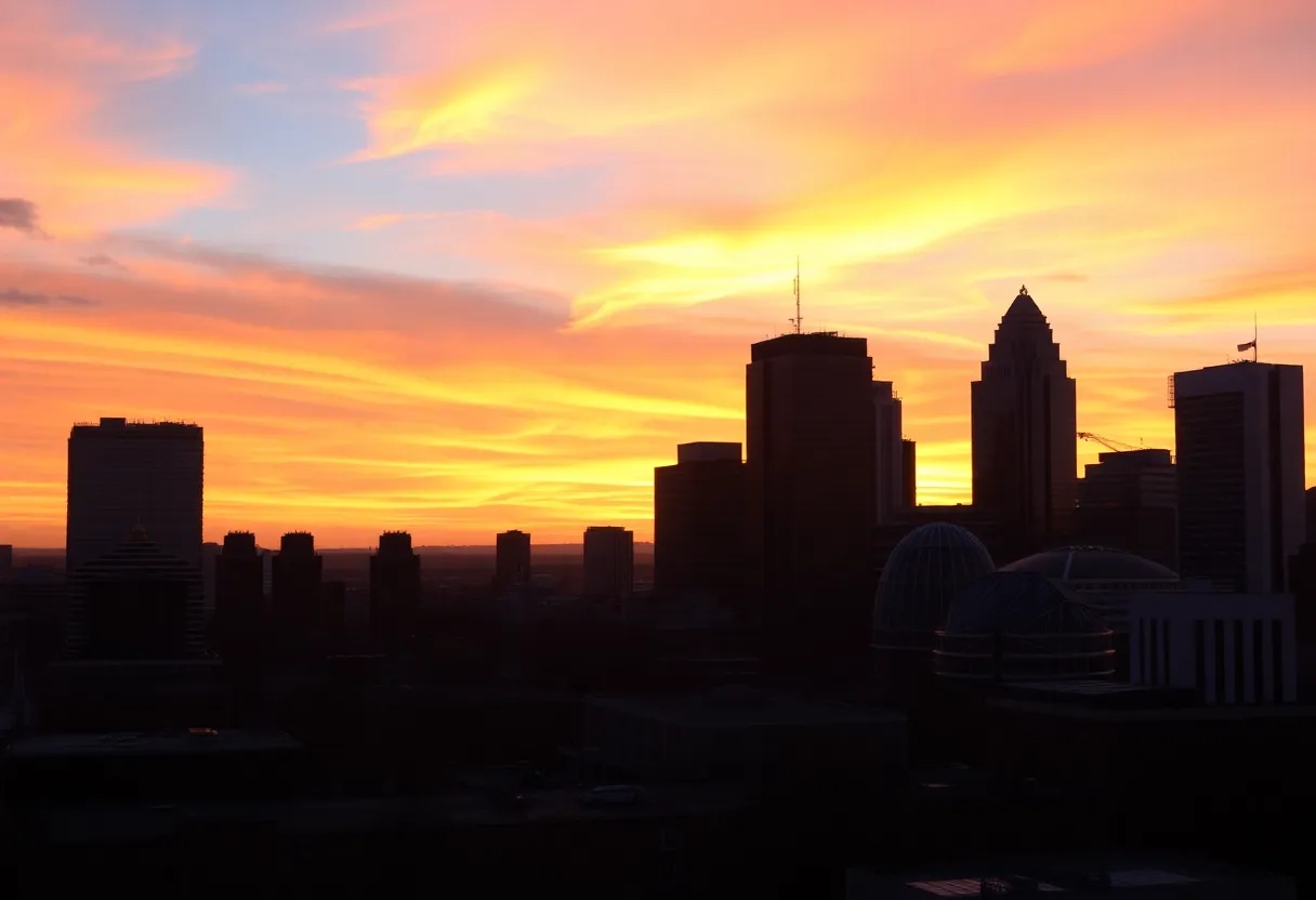 Sunrise over Kansas City skyline symbolizing weather forecasting