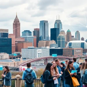 Kansas City skyline with tech symbols and diverse individuals