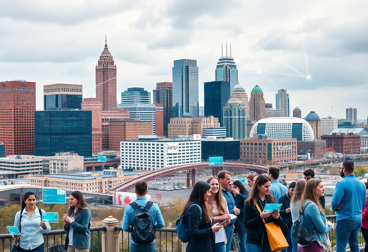 Kansas City skyline with tech symbols and diverse individuals