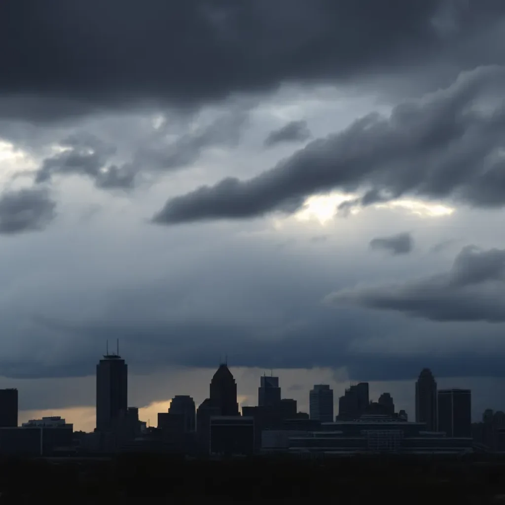 Dramatic Kansas City skyline under stormy clouds