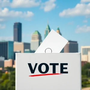 Voting box in Kansas City with skyline view