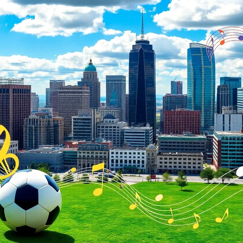 Vibrant cityscape representing Kansas City with musical and soccer elements.