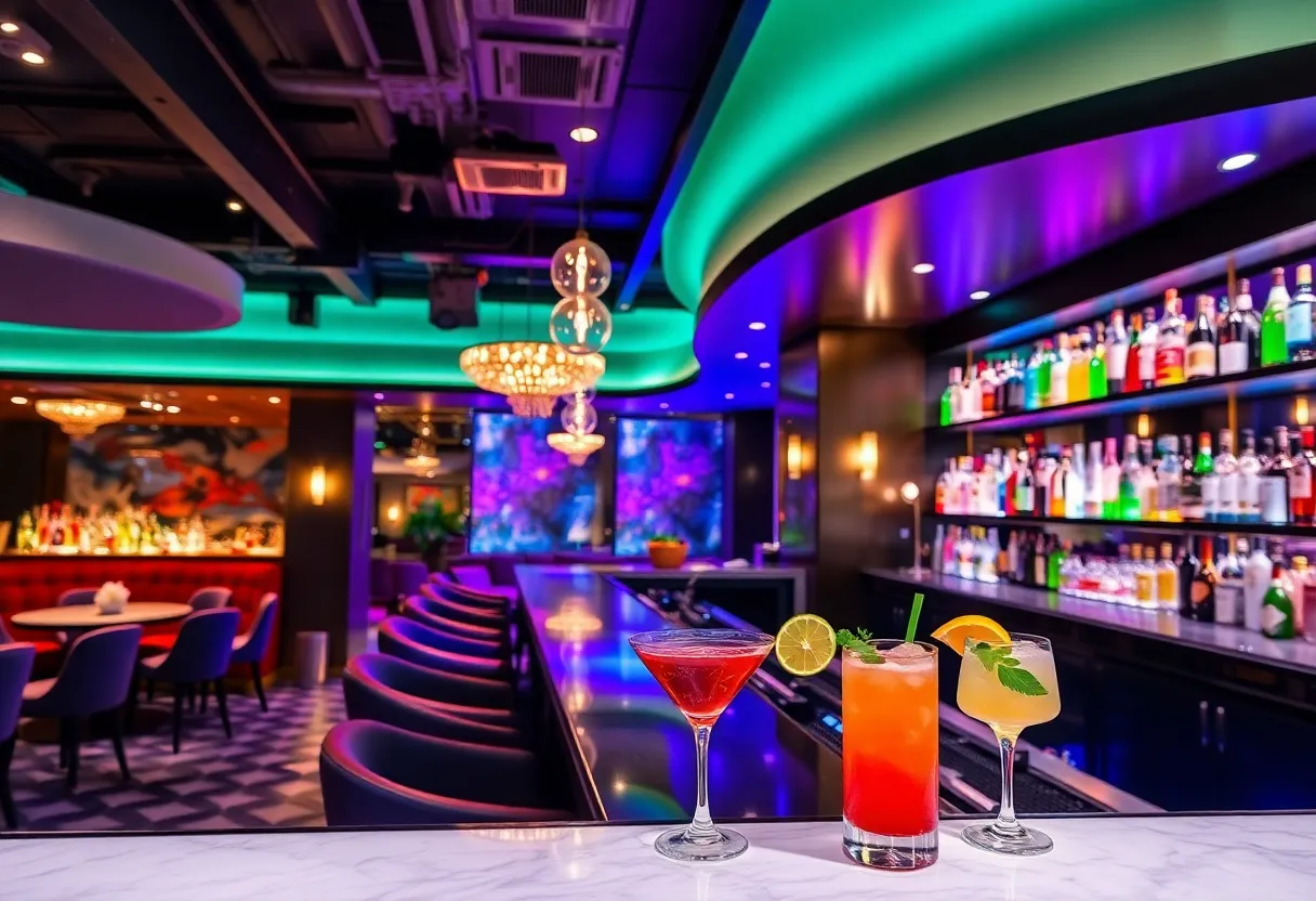 Chic interior of the Kohinoor cocktail lounge with a vibrant bar