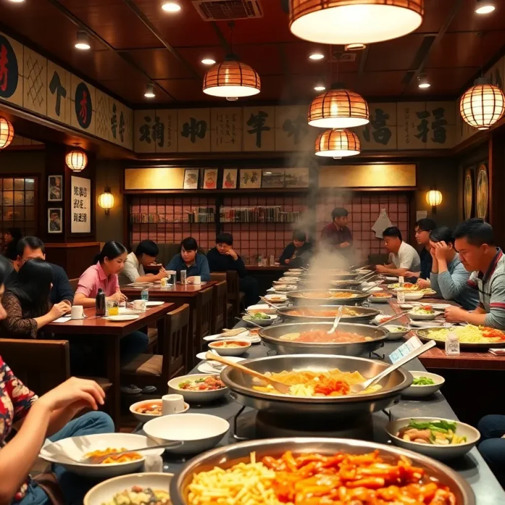 Interior of KPot Korean BBQ restaurant with diners enjoying hot pot.