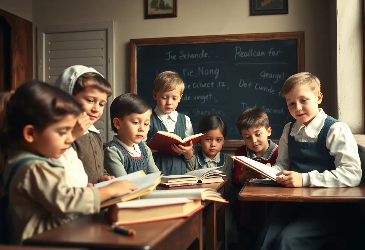 Illustration of 19th-century classroom with children studying.
