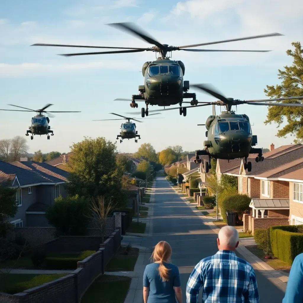 Military helicopters flying over a suburban area in Kansas City