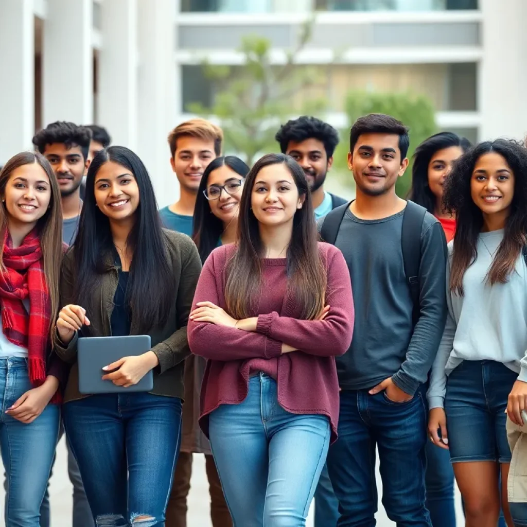 A group of diverse international students united in front of a university building.