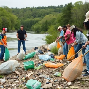 Volunteers cleaning up the Missouri River