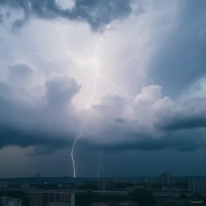 Dark storm clouds over Kansas City indicating severe weather.