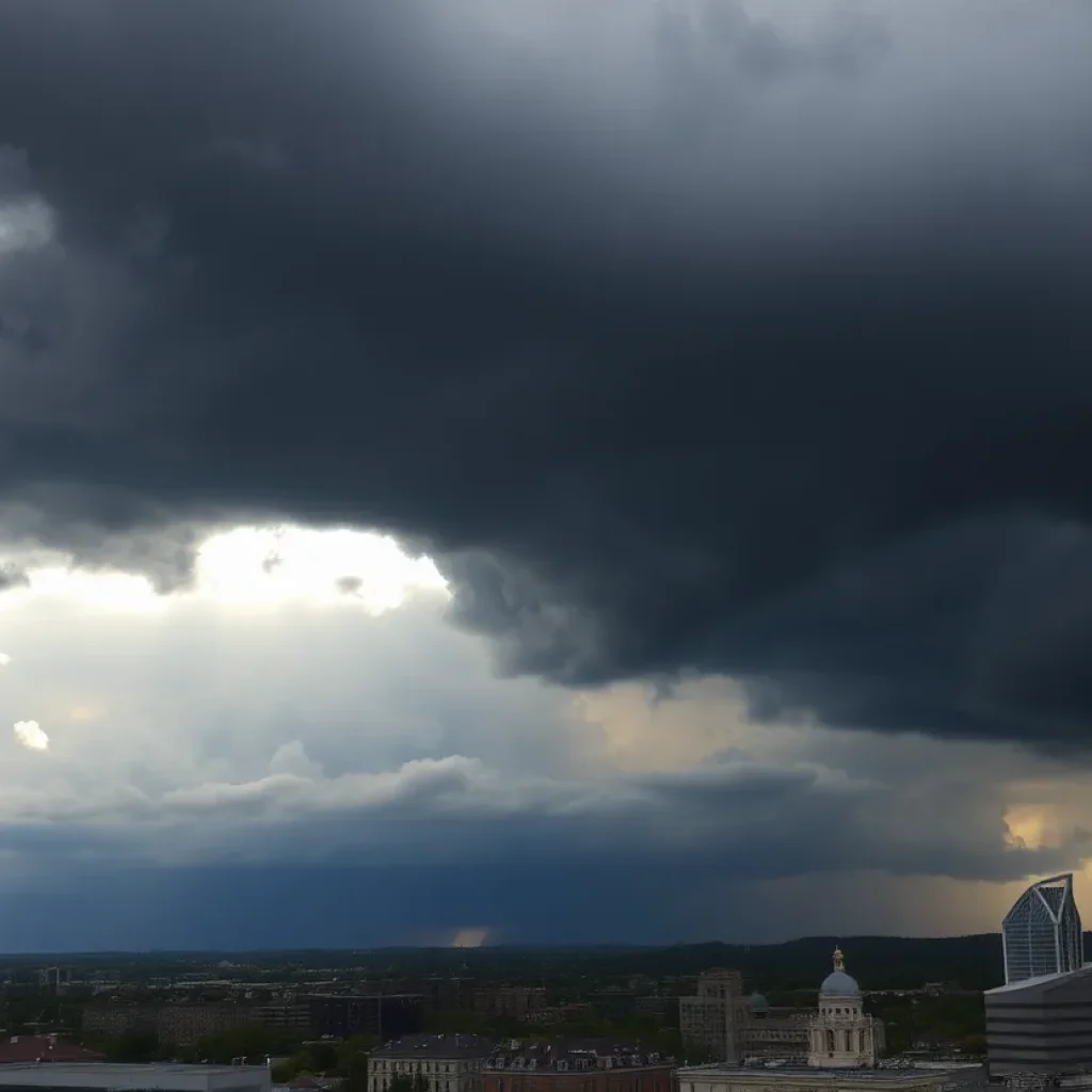 Dark storm clouds over Kansas City skyline