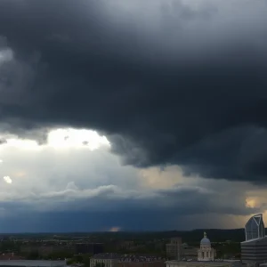 Dark storm clouds over Kansas City skyline