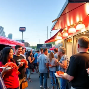 Food truck event in Kansas City with people enjoying seafood.