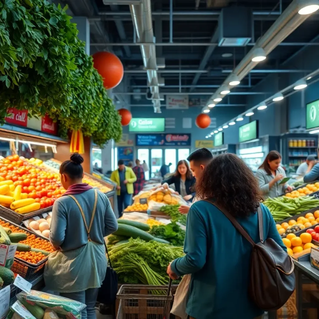 Local community shopping at SunFresh grocery store.