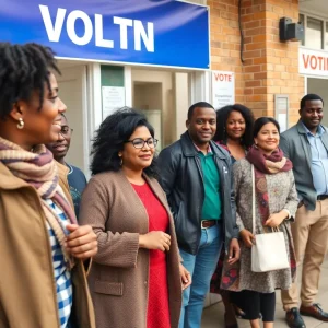 A group of diverse voters preparing to vote at a polling station