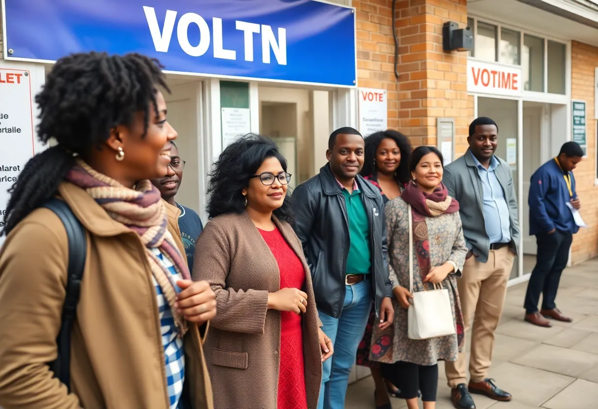A group of diverse voters preparing to vote at a polling station