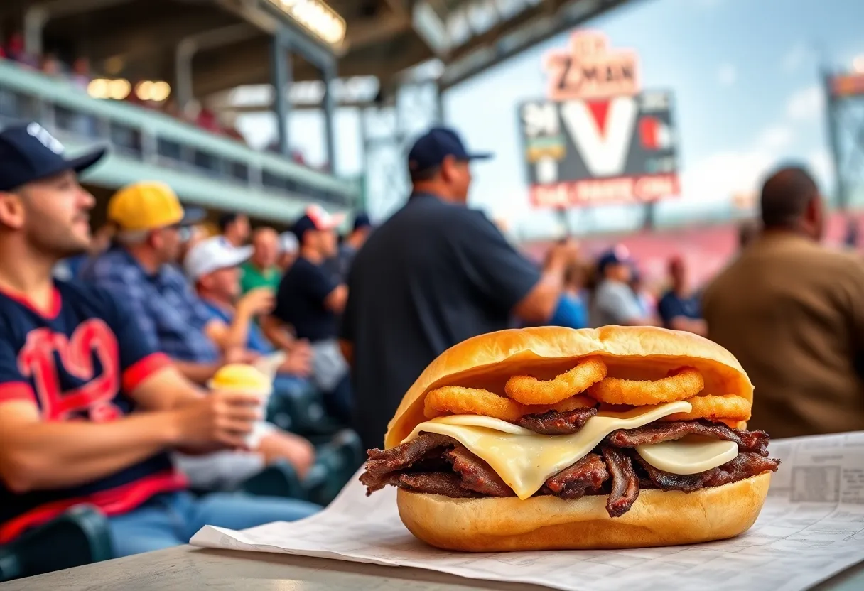 Delicious Z-Man sandwich featuring brisket, provolone, and onion rings at a baseball game.